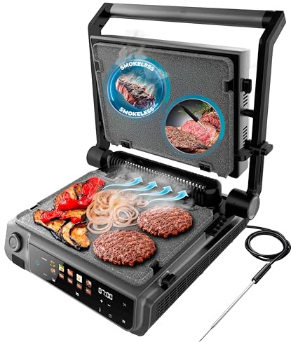 Cecotec Parrilla Eléctrica con Grill Rock'nGrill 2000 Smash PerfectCook. 2000W, Sonda Temp, Smash Burger, Smokeless, Dual Temp, Recogegrasas, Placas Reversibles, Superficie 30x21cm, Acero Inoxidable