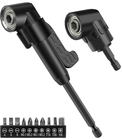 BuxiuGK 12 Pezzi Adattatori per Avvitatore Angolare a 105°(1 Pezzo lungo,1 Pezzo breve,10 Pezzi Punte da trapano) Trapano ad Angolo Retto 1/4 pollici per cacciaviti per foratura in spazi ristretti