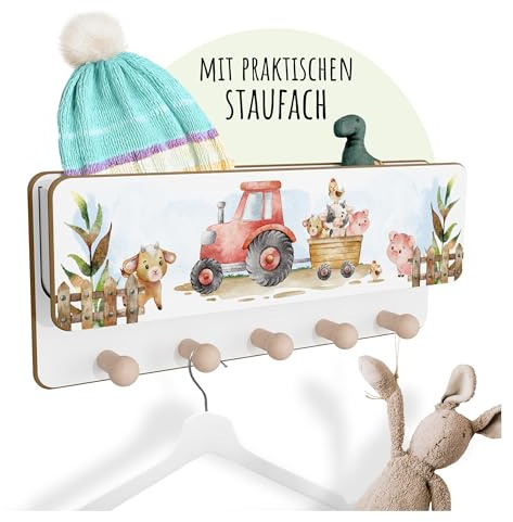 Holzura Kindergarderobe Holz mit Ablage – Wandgarderobe Kinder mit 5 Haken, Montessori Garderobenleiste