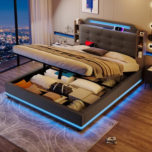 Laxnb Bett 140x200 cm Polsterbett Doppelbett, LED-Kopfteil mit Staufach und USB/TypC, Bett mit Stauraum, Jugendbett Hydraulisches Stauraumbett Bettgestell mit Lattenrost, Ohne Matratze, Leinen (Grau)