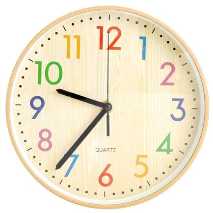 TNSLAND 8 Zoll Wanduhr Kinderzimmer Lautlos, Erwachsener Kinderwanduhr Bunt Buchstaben, 20cm Uhr Holzmaserung Quarz für Schule Büro Wohnzimmer Küche
