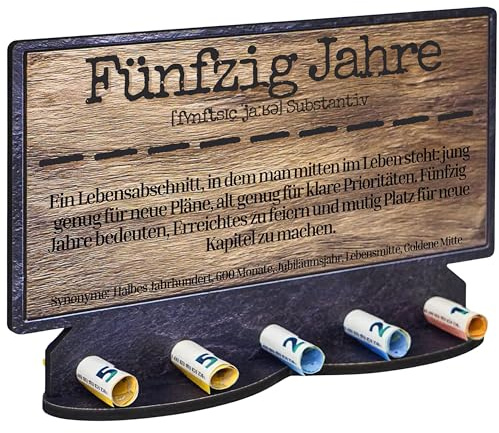 DARO Design – Geldgeschenk Groß 50 Jahre 28cm HDF Holz zum Geburtstag Jubiläum Geld Geschenk Geldgeschenke Schiefer Holz Optik