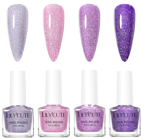 4Pcs Purple Nail Polish Set, Nail Varnish Quick Dry, Glitter Nail Polish in Deep & Light Purple with Pink Shades, No UV Lamp Needed, Long Lasting Shimmer Purple Nail Varnish Gift for Women