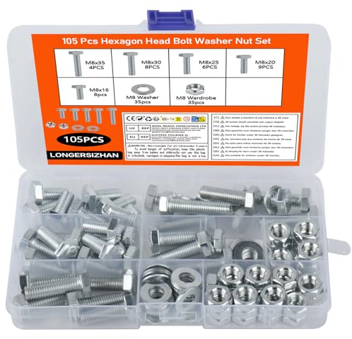 105 Pcs M8 Hex Bolts and Nuts Set, Machine Screws with Washers