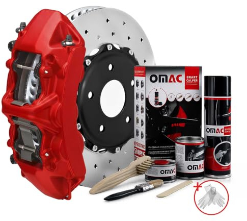 OMAC Set completo di vernice per pinza freno per auto, detergente per freni e agente indurente, resistente al calore, compatibile con 4 pinze freno, 7 pezzi