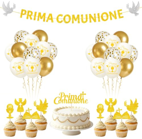 Prima Comunione Palloncini Decorazioni,Palloncini Oro Bianco,Prima Comunione Banner Ghirlanda Cake Topper,Addobbi per Festa Cresima Battesimo Compleanno