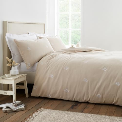 Bianca Brushed Cotton Embroidery Leaf Double Duvet Cover Set Natural