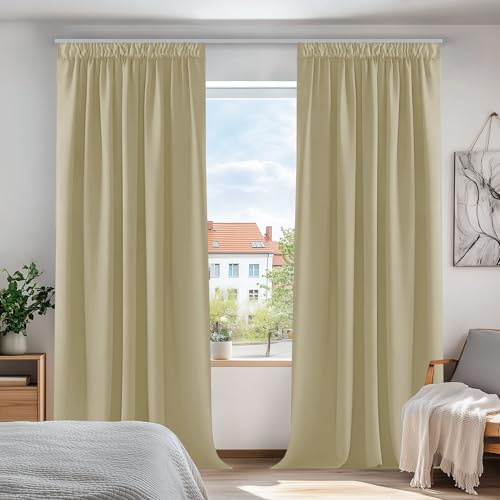 Deconovo Super Soft Thermal Insulated Pencil Pleat Curtains Room Darkening Curtains for Kitchen 90 x 90 Beige 2 Panels