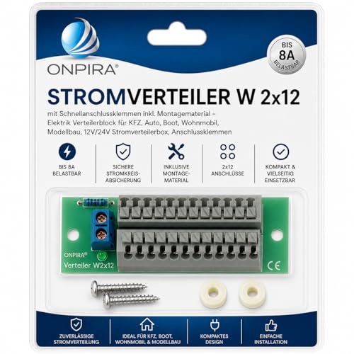 Onpira® Stromverteiler W 2x12 mit Schnellanschlussklemmen inkl. Montagematerial – Elektrik Verteilerblock für KFZ, Auto, Boot, Wohnmobil, Modellbau, 12V/24V Stromverteilerbox, Anschlussklemmen