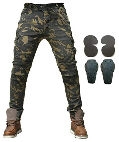 Män motorcykelridningsskyddsbyxor denim jeans med rustning 4 x knäskydd, Kamouflage, 31,5W/31,5L