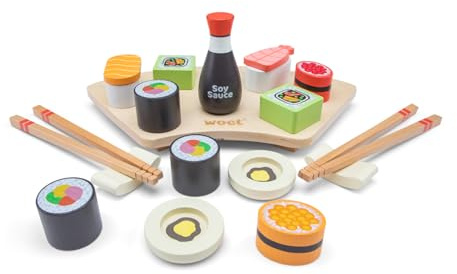 Woet Sushiset i trä med ätpinnar och serveringsbräda | Matleksaker i trä, Sushiset, Sojasås och wasabi, Matlagningsleksak för rollek, Kökstillbehör, Rollek, Från 3 år