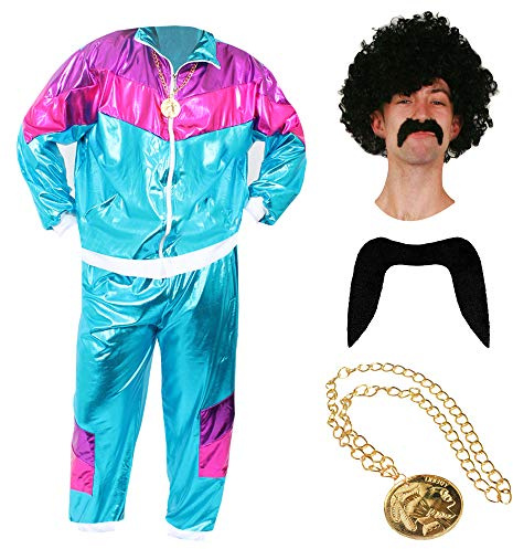 80s Scally Scouser Shellsuit Fancy Dress Costume 80s/90s Shell Suit Chav Scouser Outfit With Black Perm Wig + 70s Tash + Plastic Gold Medallion. Size: Xlarge