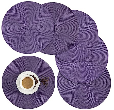 Placemats, Crossweave Heat Resistant Classic Woven Round Place Mats Diameter 13.5 inch for Kitchen Table Set of 6 (Purple)