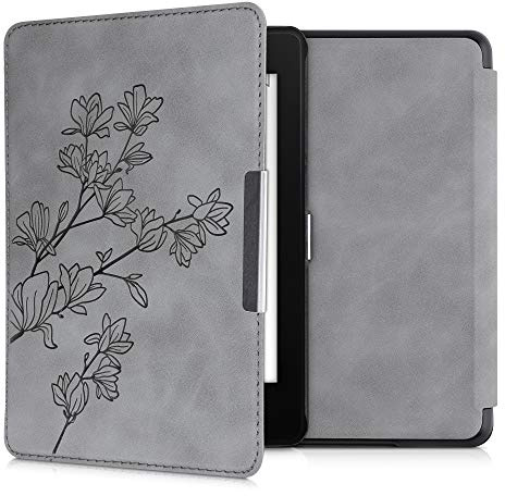 kwmobile Schutzhülle für Amazon Kindle Paperwhite (10. Gen - 2018) Hülle - eReader Case aus Kunstleder mit Auto Sleep Funktion - Magnolien mit Grau