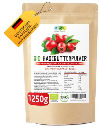 EWL BIO Hagebuttenpulver 1,25kg | Rohkostqualität | ganze Früchte gemahlen | Aus 100% Hagebutte | Vegan & ohne Zusätze | Aus kontrolliert biologischem Anbau | Abfüllung in Deutschland | Vorrat XL