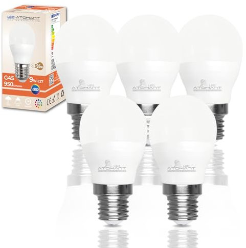 LED ATOMANT Pack 5x Bombilla LED E27 G45 9W. Color Blanco Calido (3000K). 950 lumenes. Casquillo grueso. Equivalente 95W tradicional.