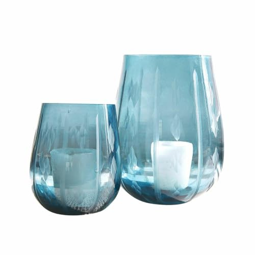 Loberon Windlicht 2er Set Danisar, blau | Zwei Größen, mundgeblasen, hangeschliffenes Muster, gedämpftes Licht, Wohn-Accessoires, Glas