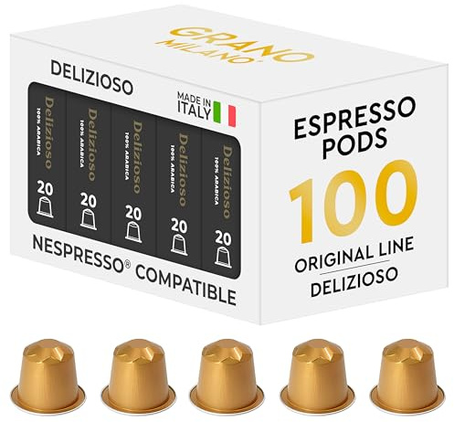 Grano Milano Delizioso 100 Pods Compatible with Nespresso Original Line | Aluminium Capsules, Medium Roast, Intensity 6/12, Medium-High Bodied, 100% Arabica, Made in Italy