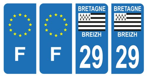 HADEXIA Nummernschild-Aufkleber, französisches Departement 29, Finistère Region Bretagne Breizh, Symbol & F Frankreich, 4 Stück