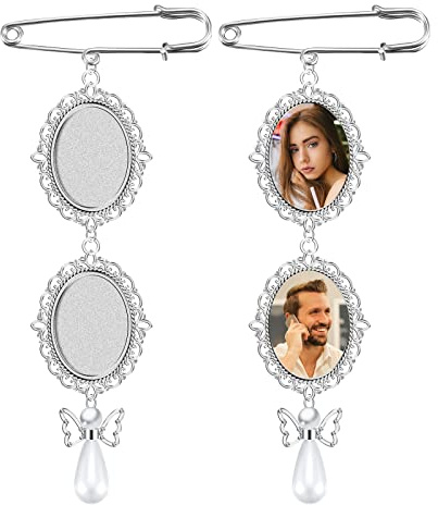 SAVITA 2 Stück Rohlinge Foto Anhänger Brautstrauß, mit 4 Stück Ovale Glas Cabochons Klassische Ästhetik Lünette Anhänger Tabletts Bilderrahmen mit Spitzen Design zum Basteln (Herzlicher Stil Anhänger)