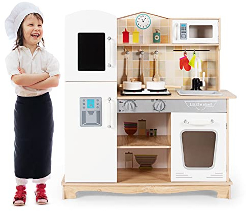 COSTWAY Cuisine pour Enfants avec Four Micro-Ondes et Robinet - 5 Accessoires Jouet d'Imitation pour Enfant de 3 à 7Ans 81 x 29 x 88,5 CM