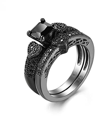 BCughia Melano Ring, Ringe Schmuck Herz Schwarz Quadrat Zirkonia Schwarz Rhodiniertes Silber Doppelring Herz mit Zirkon Verlobung Engagement Ring 60