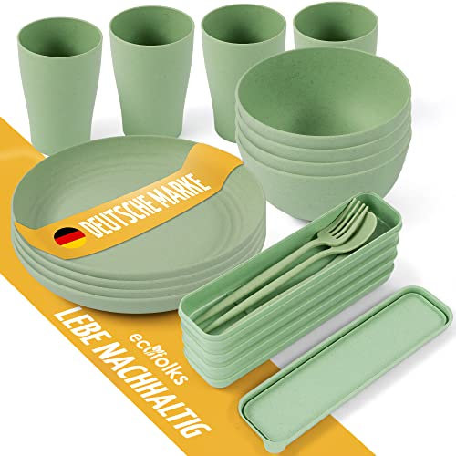 Ecofolks Umweltfreundliches Camping-Geschirrset – 100% Recyceltes Material | Mehrweg, Bunt, Für Wohnmobil, Picknick, Outdoor & Kinder | Farbe Grün