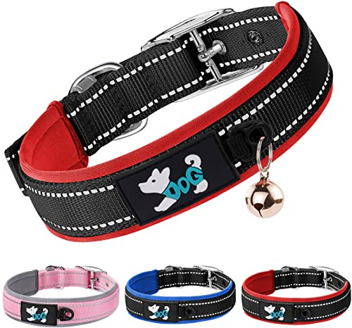 AUAUY Nylon Hundhalsband, Reflekterande Halsband för Hundar, Ultramjukt Neopren Vadderat, Justerbart Reflekterande Sömmar för Djurhalsband med Slitstarkt Metallspänne och Etikettring