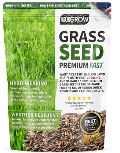 UKGROW Premium Grass Seed - Fast Germinating, Durable & Pet-Friendly Lawn Seed Blend for Lush Green Gardens - UK-Grown - Perfect for Patch Repairs & Full Lawns (1kg)