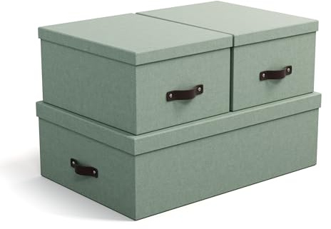 BIGSO INGE 3er-Set Aufbewahrungsboxen für das Schlaf-, Kinder-, Arbeits- oder Badezimmer – Ordnungsbox mit Deckel – Aufbewahrungskisten in Leinenoptik – mintgrün