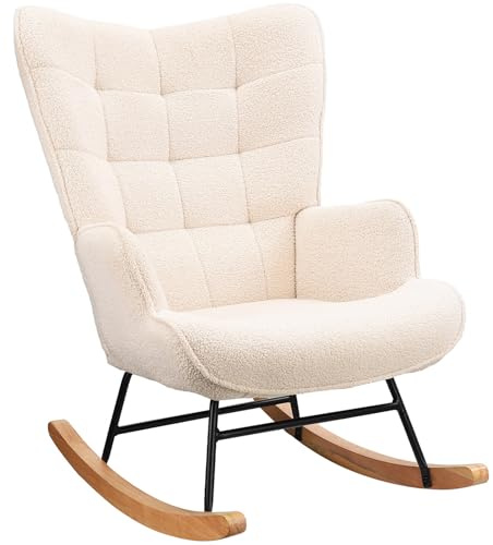 Lazyspace Fauteuil à Bascule, Fauteuil de Relaxation, d'allaitement, de Salon, à Bascule, avec Structure en métal et Base en Bois, Charge maximale : 130 kg, Tissu en Peluche, Beige, 75 x 68 x 92 cm