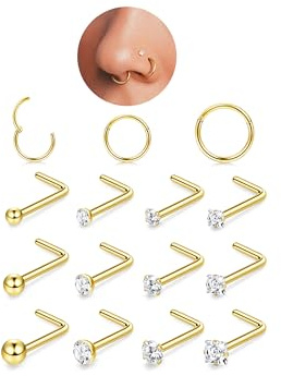 FIOROYAL 15PCS 18G Nose Rings Hoops 20G Nose Studs Hypoallergenic Surgical Steel Helix Hoop,Clicker Nose Rings Hoops, 2/2.5/3mm Ball CZ L-Shape Screw Nose Studs Nose Piercing Jewelry Gold Silver