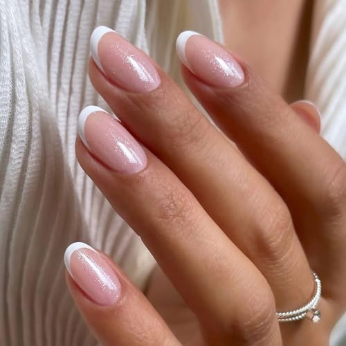 Ceboic 24 Stück Nägel zum Aufkleben Kurz Oval, Glitzer Nude Rosa French Weiß Tip Falsche Nägel Natürlich Niedlich Künstliche Fingernägel Full Cover Kunstnägel Press on Nails für Frauen und Mädchen