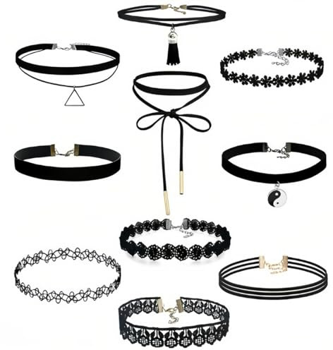 ZKGYUS 10-teiliges Choker-Halskette für Frauen, choker kette damen, choker schwarzes Choker-Halsketten-Set, schwarze Spitze, Tattoo, Samt, Choker, für Frauen und Teenager-Mädchen