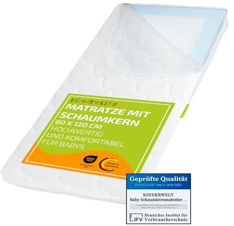 KiNDERWELT Baby skummadrass med komfortöverdrag quiltad och kantkant babymadrass madrass 60 x 120 x 10 vit