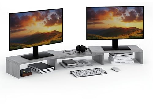 ComfortCove Dual Monitor Stand Riser, Monitorständer, Laptopständer, Schreibtisch-Organisator, Computerständer, 3 Regale, verstellbare Länge, ideal für Ihr Home Office, Grau