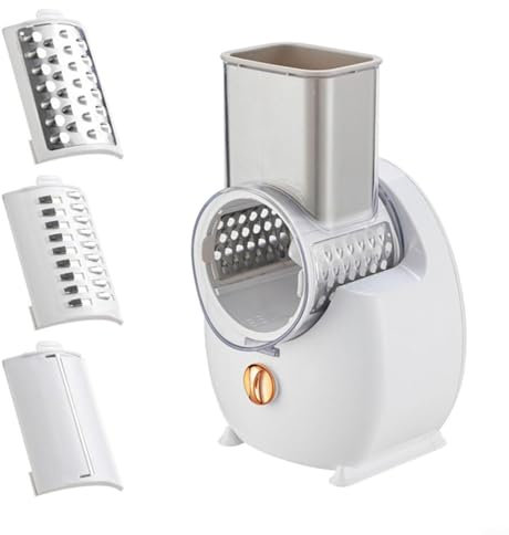 Tritatutto Elettrico Rotante da 50 W, Grattugia Tritatutto Automatico 3 in 1 con 3 Lame, Affettatrice a Spirale, Affettatrice per Verdure, Frutta, Cipolla White