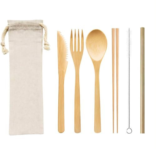 SGERUFZ 6 Pièces Set de Couverts en Bambou, Couverts de Camping, Set de Voyage avec Baguettes, Cuillère, Couteau & Fourchette, Paille et Nettoyeur de Paille, pour Voyage, Camping et Pique-nique