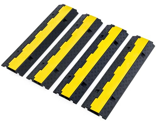 CREWORKS Floor Cable Protector Ramp 4 Pack Heavy Duty 2 Channel Cable Cover | 5T Rubber Cable Ramp for Hoses, Wires & Extension Leads, Anti-Slip Vehicle Pedestrian Cable Protection for Indoor Outdoor Use