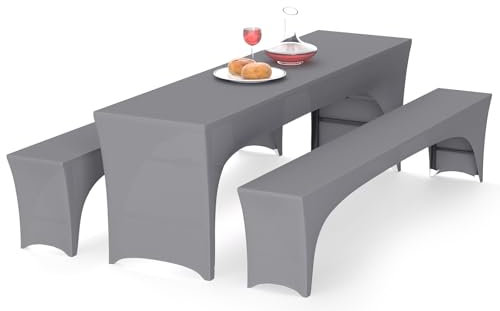 Alishomtll 3er-Set Elastisch Biertischhussen, Stretch Bierzeltgarnitur für 50cm Tischbreite, Bierbankhussen Bankgarnitur für Biertisch und Bierbank Bankett Gartenmöbel-Bezüge, 220x50cm Grau