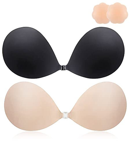 MINIYA 2025 Push Up Sticky Bra, 2 Pack Reusable Adhesive Invisible Backless Strapless Bra, Nude+black, D