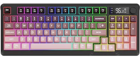 FREEWOLF M96 Tastiera Da Gioco Wireless, Controllo Tramite Manopola Bluetooth/Tastiera Meccanica Wireless 2.4G, Retroilluminazione a LED con Schermo, Copritasto PBT, 3000mAh, QWERTY - Sfumatura Rosa