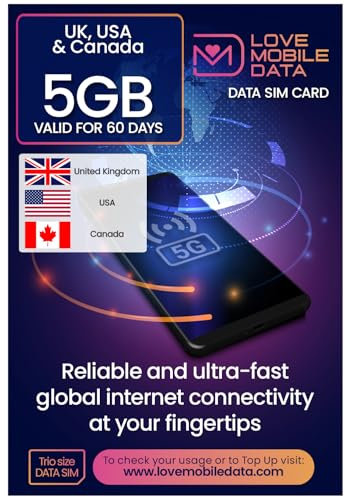 Love Mobile Data Only Sim Card - International Multi-Network 4G/5G Prepaid Pay As You Go Data Sim for Mobile Phones, WiFi Routers, & More, UK, Canada & USA Coverage, 5GB for 60 Days