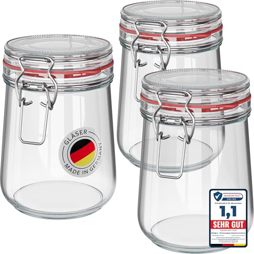 WELLGRO 3x Einmachgläser mit Bügelverschluss rund 800ml, Fermentierglas, Vorratsgläser mit Deckel - Gläser mit Deckel Made in Germany