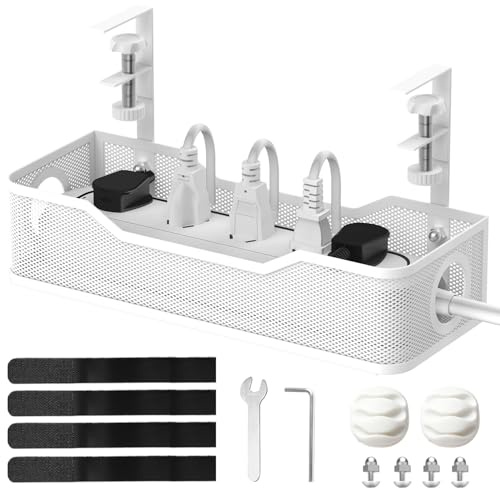 SUPEASY Under Desk Cable Management Tray, 13.4/ 34cm long,No-Drill Metal Mesh Cord Organiser with PDU Bracket for Office/Home, White