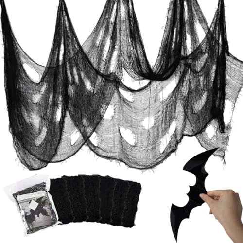 6 Stück Halloween Deko Stoff, 183 x 76 cm Halloween Gruseliges Tuch Gaze Dekorationen mit 12 Fledermaus Aufkleber, für die perfekte Grusel-Atmosphäre, für Indoor Outdoor Garten, Fenster (Schwarz)