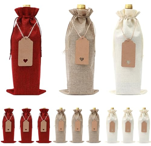 VOPIWOZ 12 Stück Flaschentüten Weihnachten, Burgunderrot Hanf Beige Weintasche mit Geschenkanhänger und Kordelzug, Jutesack Weihnachten für Tischdeko Geschenktüten Deko