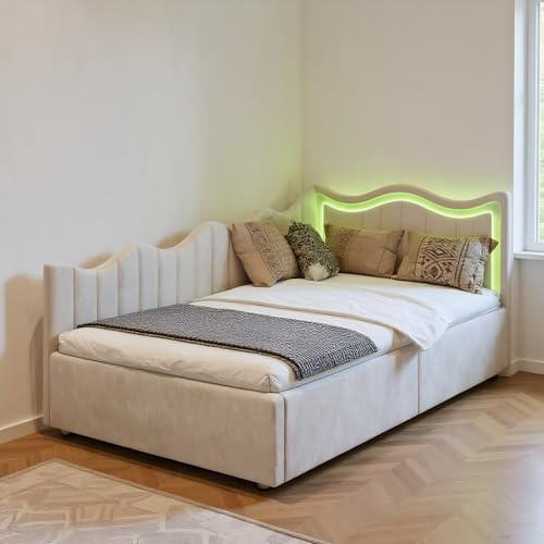 Polsterbett 90x200 mit LED-Beleuchtung, Kinderbett 90x200 mit Hydraulischer Stauraum, Schlafsofa Einzelbett Bettgestell mit Lattenrost, Jugendbett Daybett Gästebett, Samt,Ohne Matratze