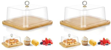 Hemobllo 2 Pcs Square Cake Stand with Dome Lid, Wooden Display Plate with Acrylic Cover for Cupcakes, Birthday Party, Afternoon Tea, Transparent Food Serving Platter Board