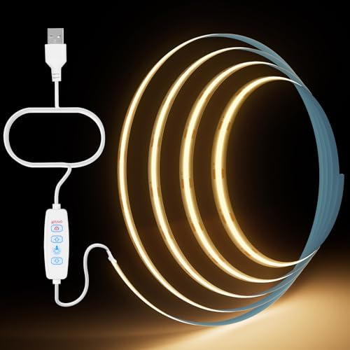 Aurevita COB LED Streifen USB 5V, 5m Warmweiß Dimmbar CRI85+ 8mm Breite Flexibler LED Strip light für TV Hintergrund, Küche, Wohnzimmer, Party, DIY-Dekoration Beleuchtung (Warm White 5m)